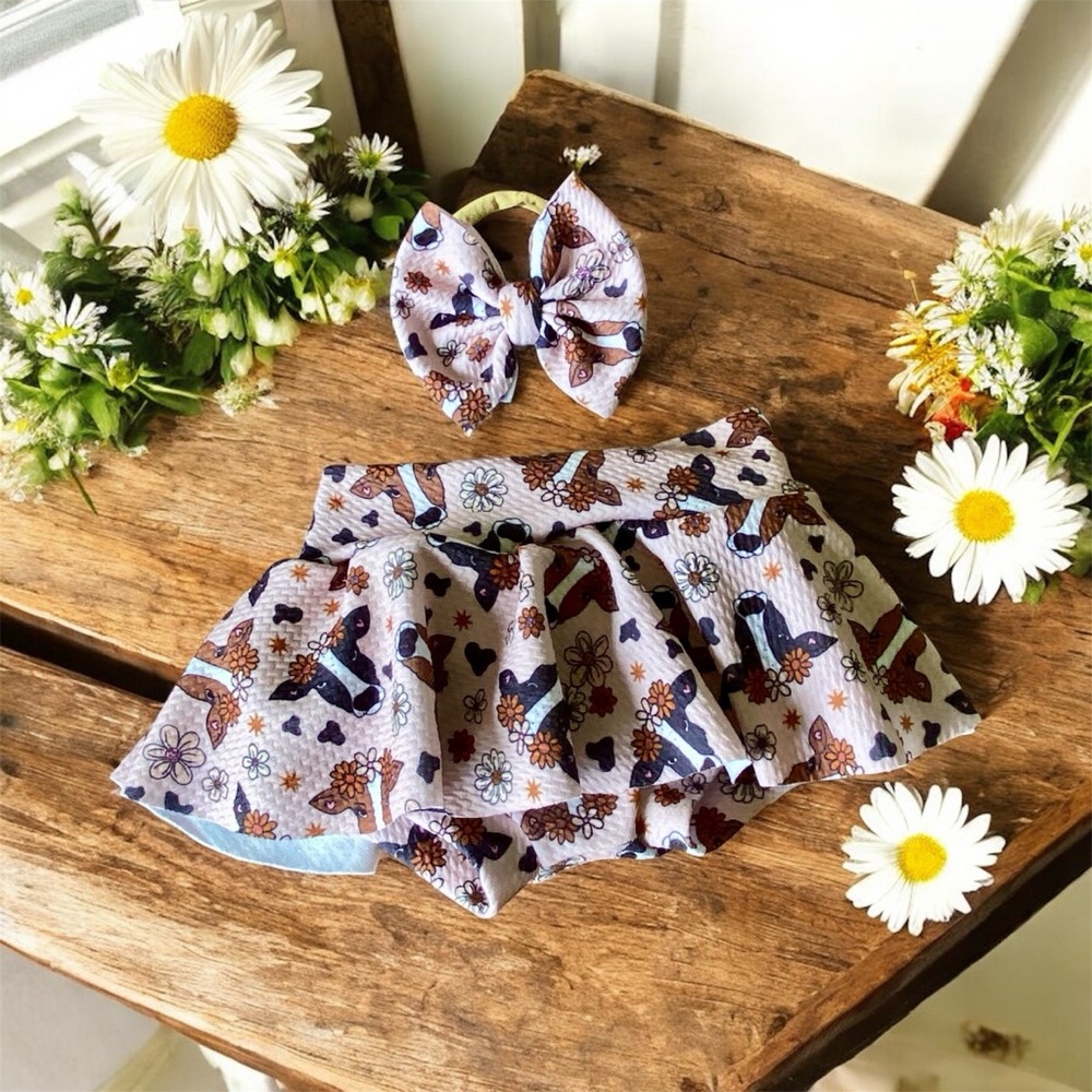 Floral Cow Skort with Bow Set(handmade)